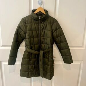 LOFT women’s XSP green with gold zip belted puffer winter coat pockets no hood